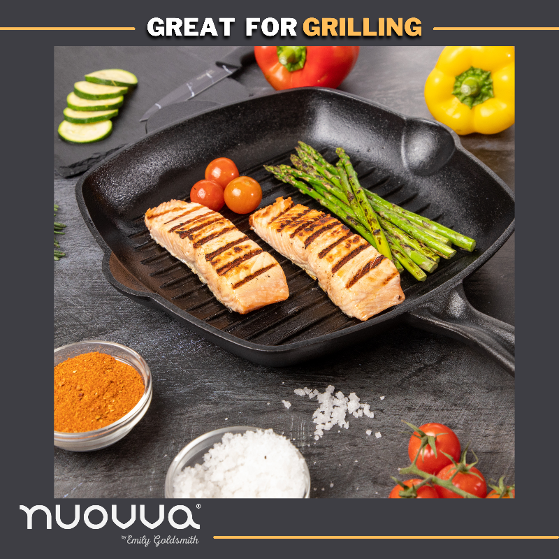 Black Pre-Seasoned Cast Iron Square Enamelled Grill Pan - 26cm, by Nuovva