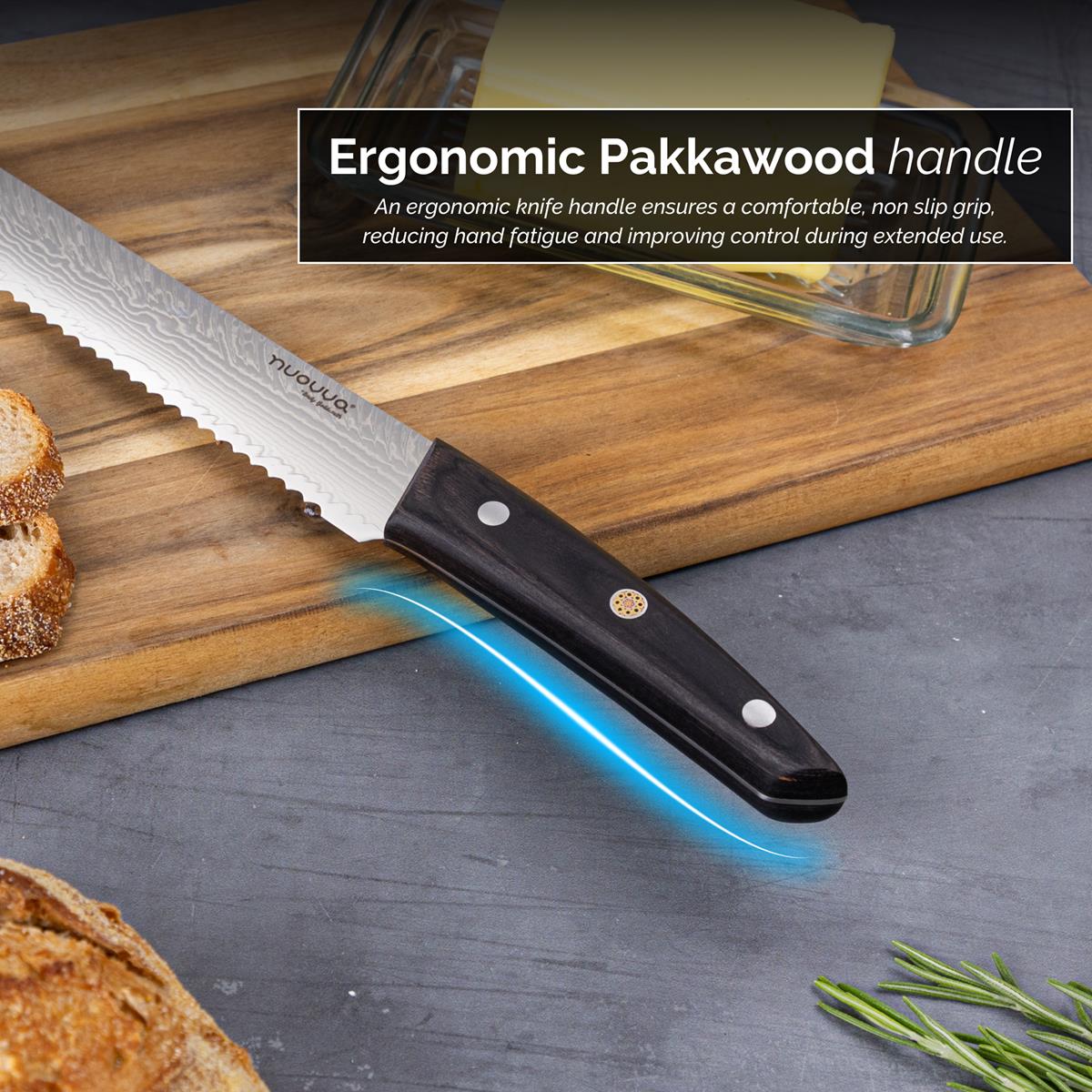 Japanese Steel 67-Layer Damascus Style Serrated Bread Knife with Pakkawood Handle, by Nuovva