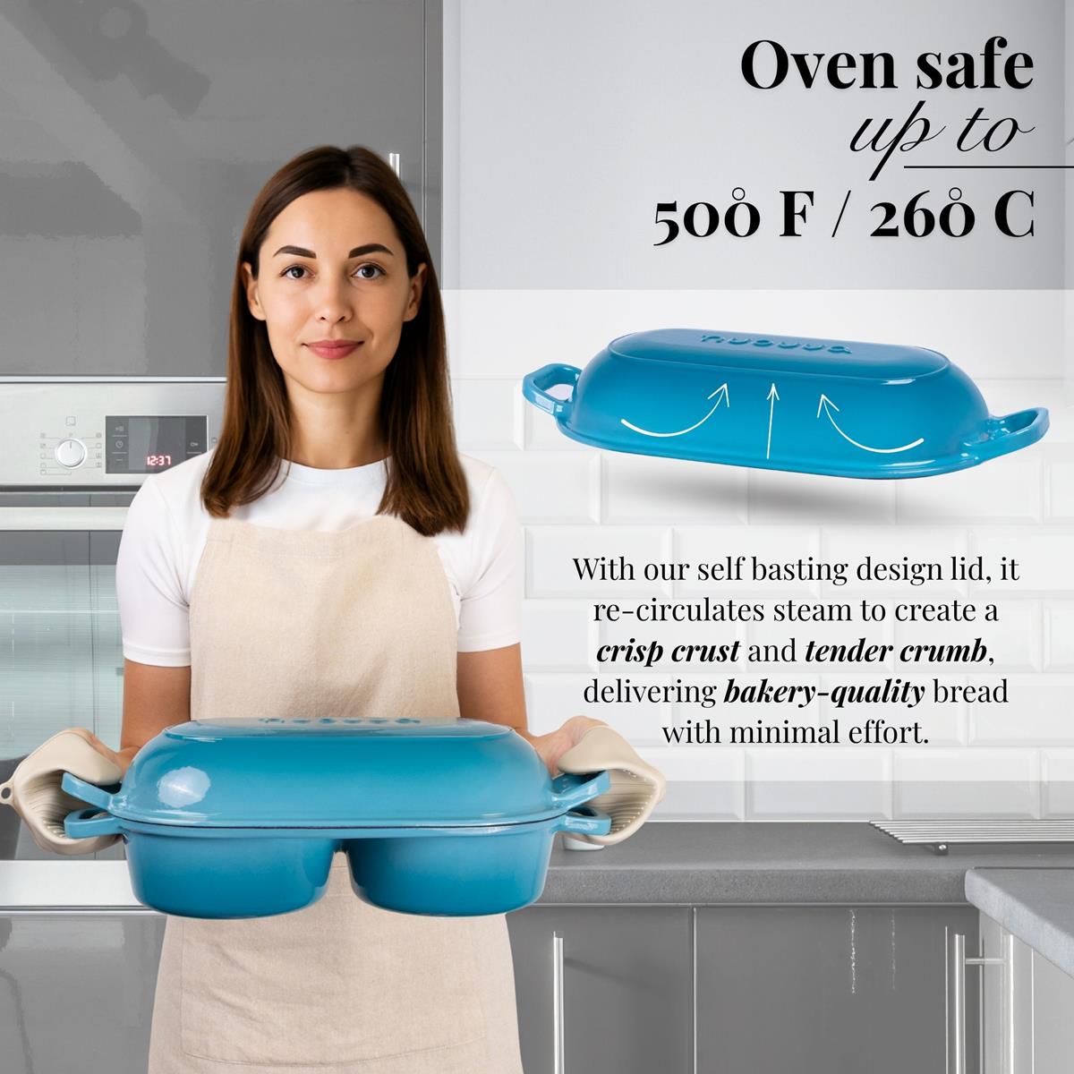 Light Blue Enamelled Cast Iron Dutch Oven, Double Loaf Bread Pan, 16cm, By Nuovva