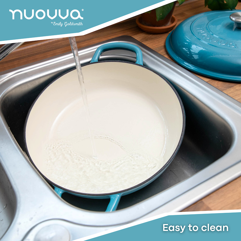 Light Blue Shallow Cast Iron Casserole Dish with Lid - 32cm - 3.5L, by Nuovva