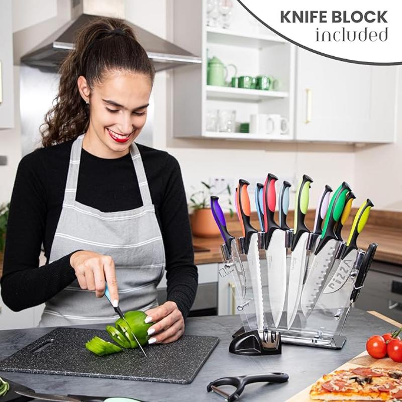 Professional Multicolour Kitchen Knife Set with Acrylic Block - 17 Pieces, by Nuovva