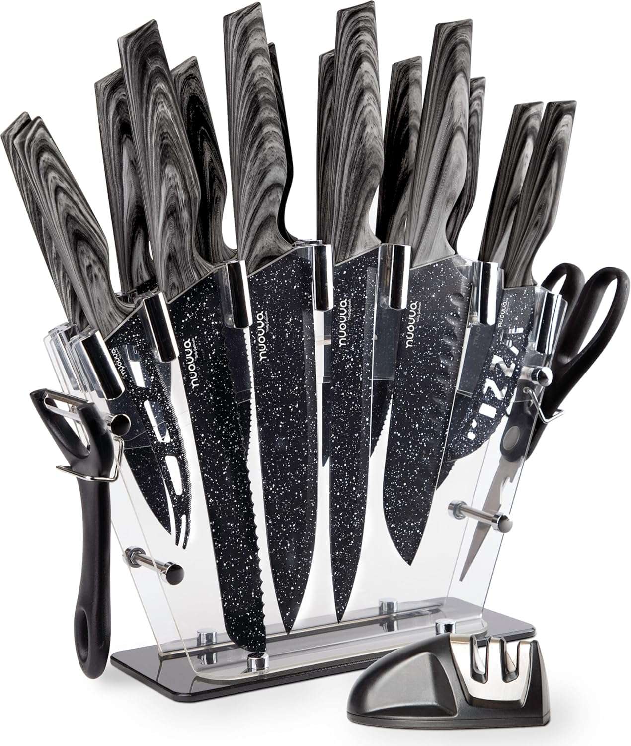 Professional Black Granite Kitchen Knife Set with Acrylic Block - 17 Pieces, by Nuovva