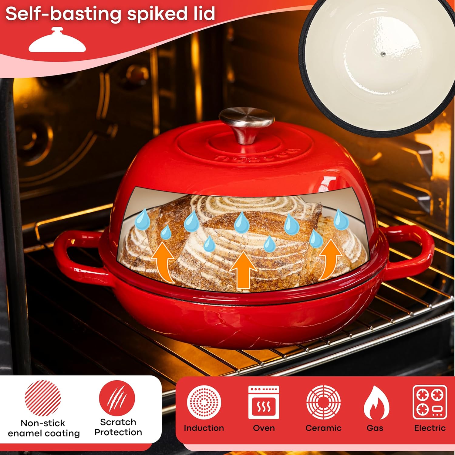 Enamelled Cast Iron Dutch Oven Bread Pot, 5.6 Lite - 26cm (Multiple Colours) by Nuovva