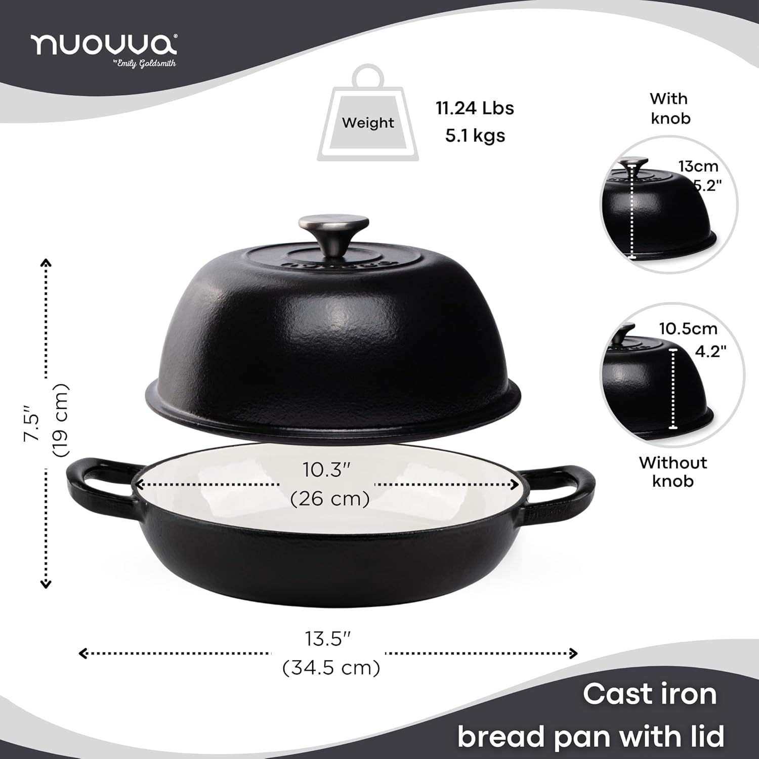 Enamelled Cast Iron Dutch Oven Bread Pot, 5.6 Lite - 26cm (Multiple Colours) by Nuovva