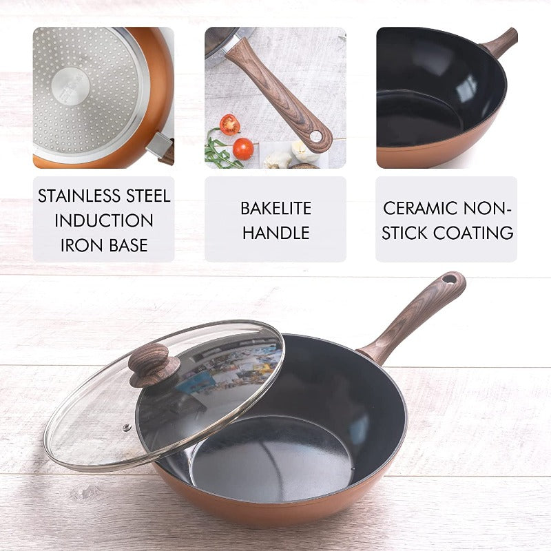 Copper Induction Non-Stick Wok Pan – Deep Stir Fry Pan With Lid - 28cm