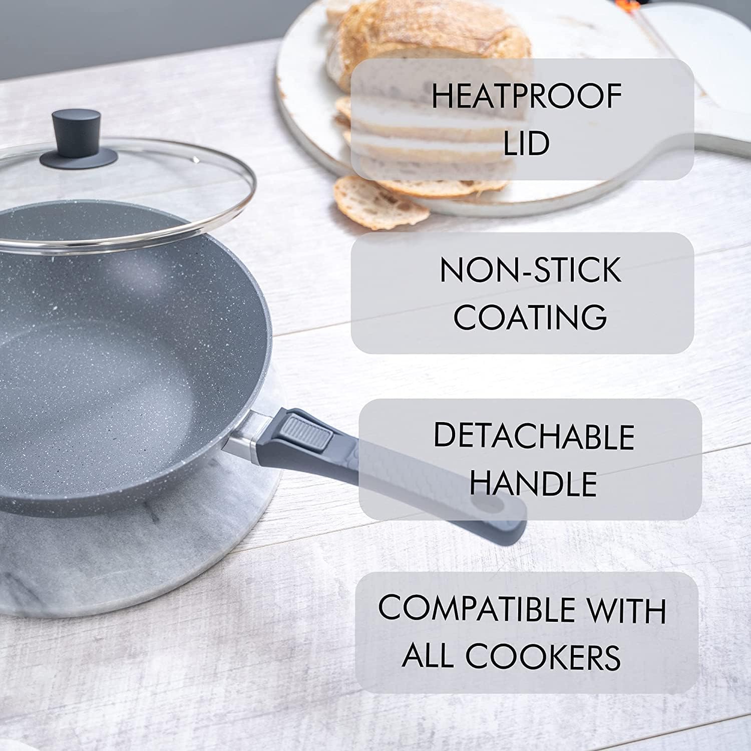 Induction Wok Pan with Glass Lid & Removable Handle (28cm), by Nuovva