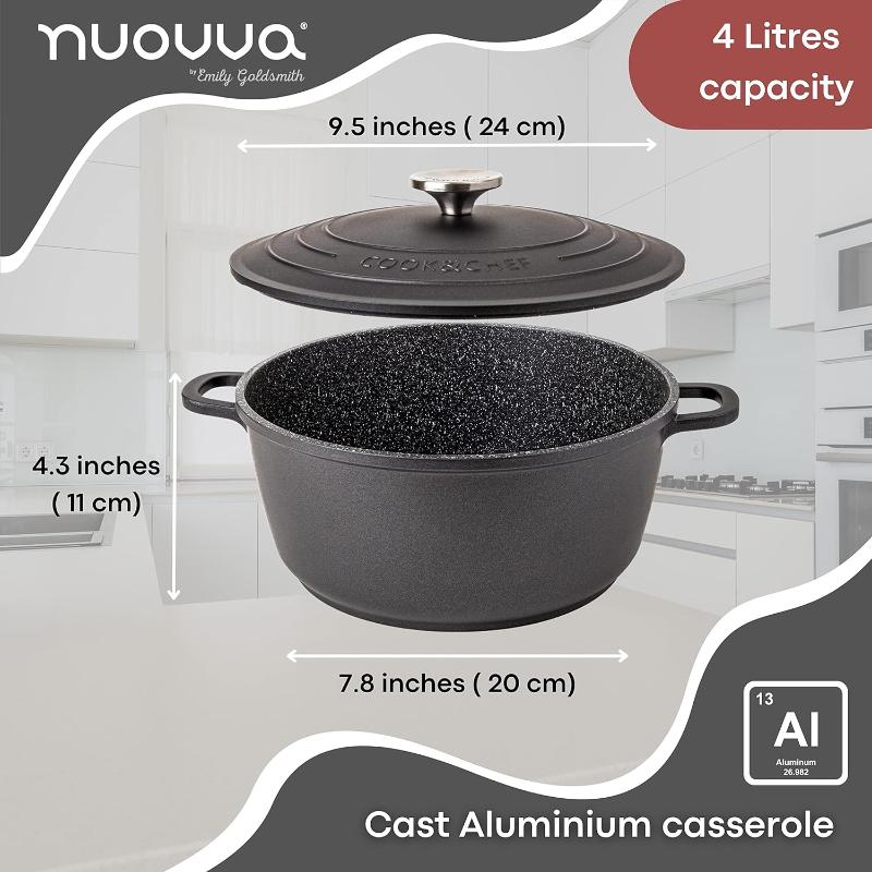 Black Aluminium Casserole Pot with Lid - 4L - 24cm, by Nuovva