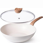 Cream Induction Non-Stick Wok Pan – Deep Stir Fry Pan With Lid - 28cm