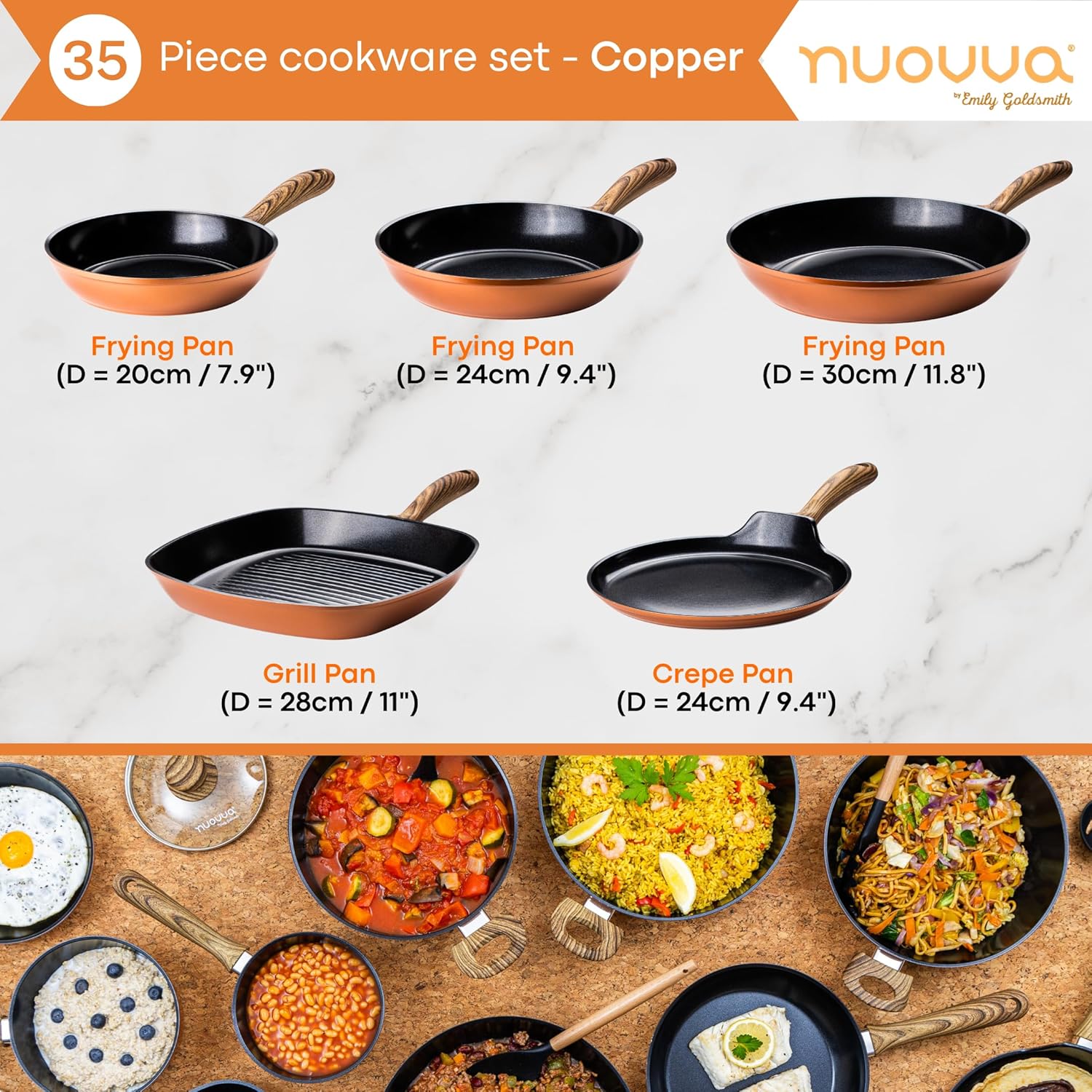 Kitchen Cookware Set of 5, 8, 15 & 35pcs with Lids - Multiple Colours