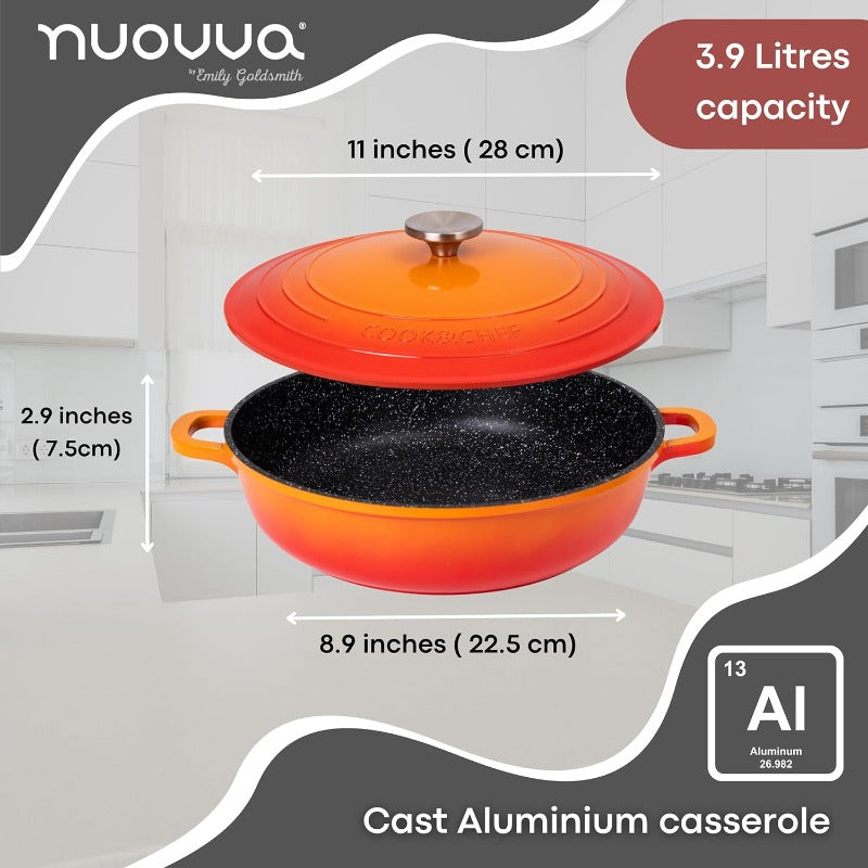Orange Aluminium Shallow Casserole Pan with Lid - 28cm - 3.9L, by Nuovva