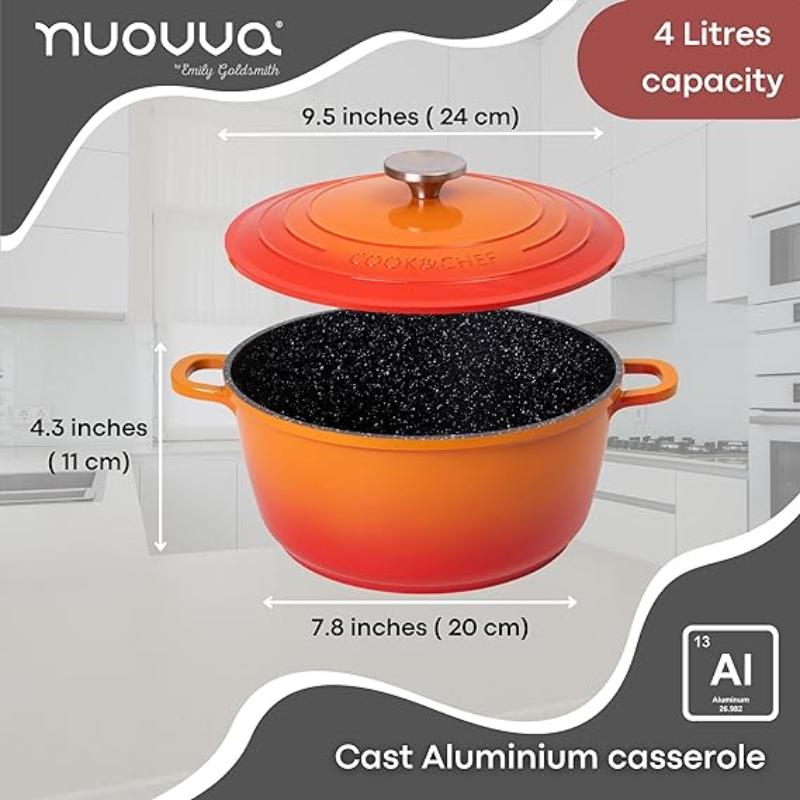 Orange Aluminium Casserole Pot with Lid - 4L - 24cm, by Nuovva