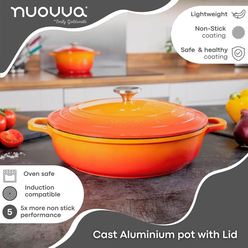 Orange Aluminium Shallow Casserole Pan with Lid - 28cm - 3.9L, by Nuovva