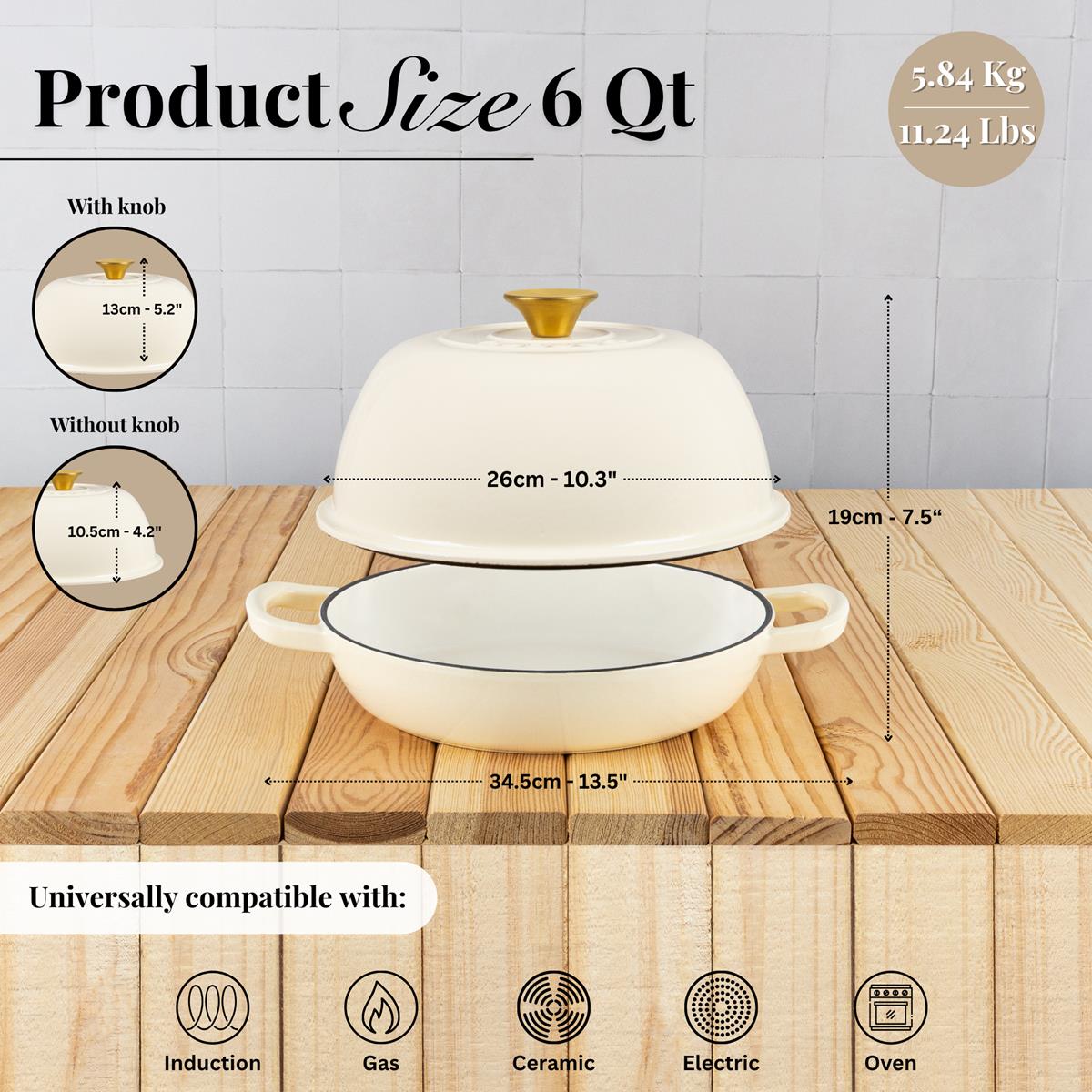 Enamelled Cast Iron Dutch Oven Bread Pot, 5.6 Lite - 26cm (Multiple Colours) by Nuovva