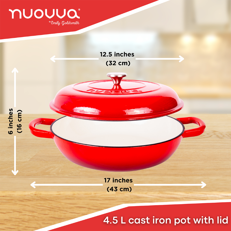 Red Shallow Cast Iron Casserole Dish with Lid - 32cm - 3.5L, by Nuovva