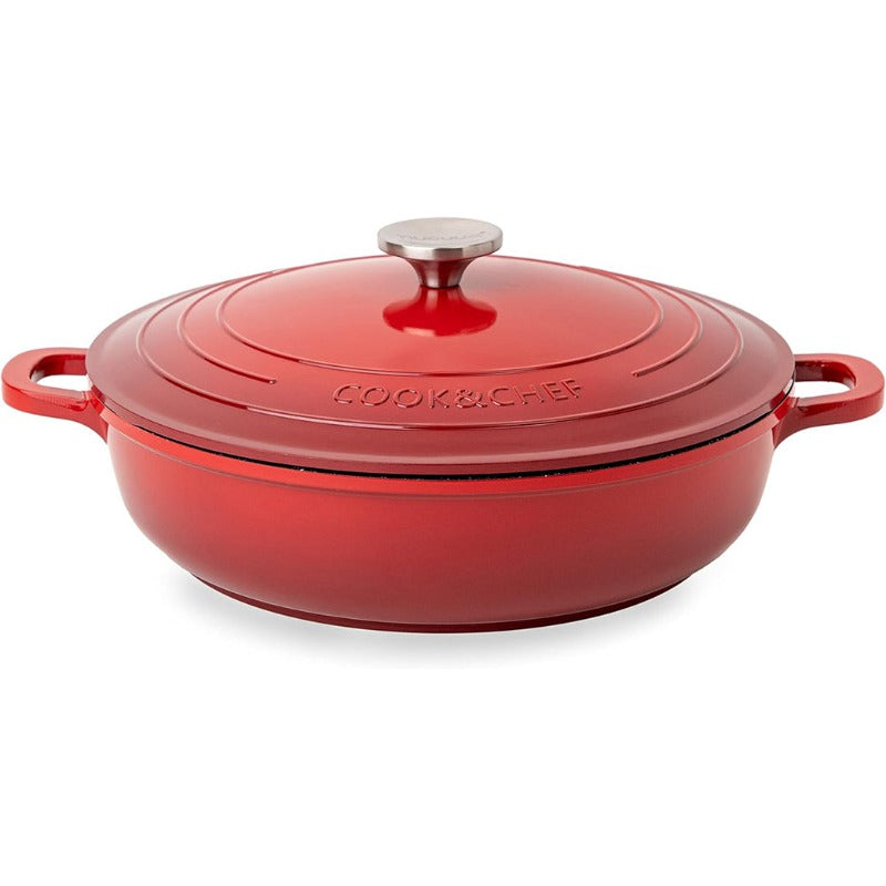 Red Aluminium Shallow Casserole Pan with Lid - 28cm - 3.9L, by Nuovva