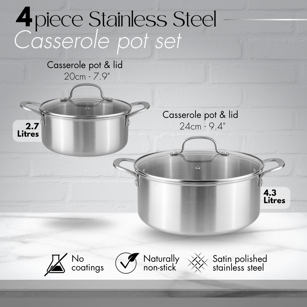 Stainless Steel Casserole Pot Set of 4pc, 6pc with Glass Lids (Multiple Set Sizes), by Nuovva