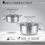 Stainless Steel Casserole Pot Set of 4pc, 6pc with Glass Lids (Multiple Set Sizes), by Nuovva