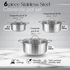 Stainless Steel Casserole Pot Set of 4pc, 6pc with Glass Lids (Multiple Set Sizes), by Nuovva