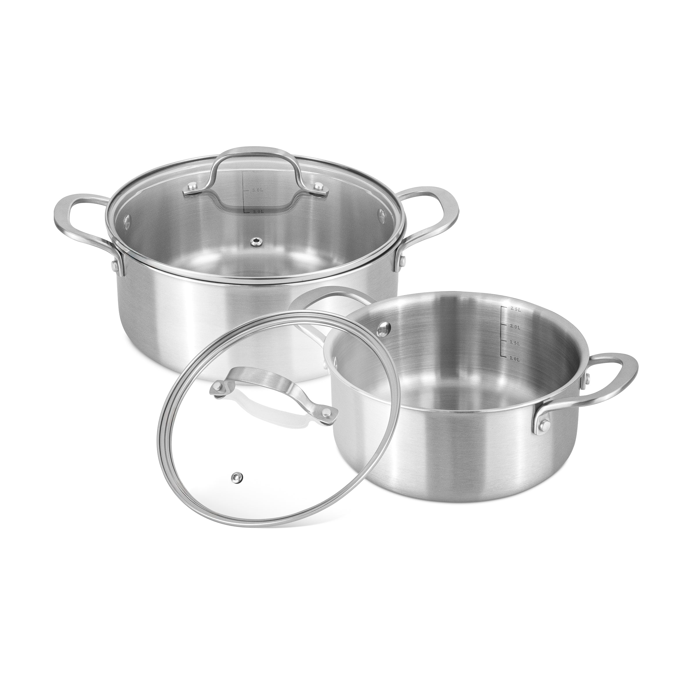 Stainless Steel Casserole Pot Set of 4pc, 6pc with Glass Lids (Multiple Set Sizes), by Nuovva
