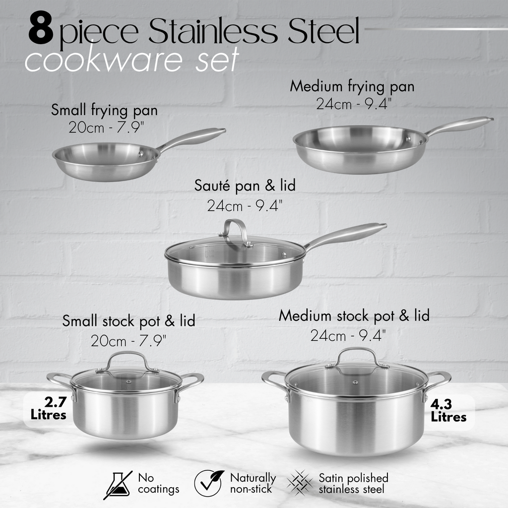 Stainless Steel Cookware Set of 17, 14, 8, 6, 5 with Lids – by Nuovva
