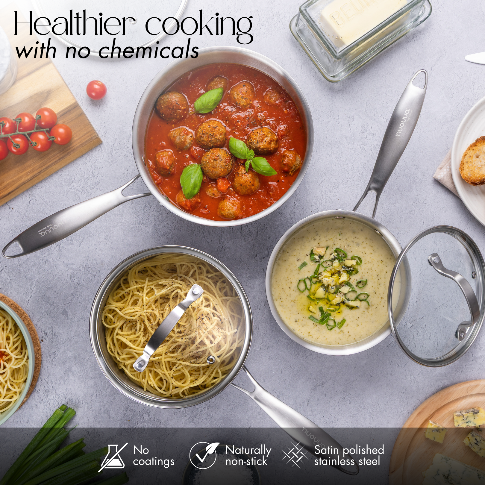 Stainless Steel Cookware Set of 17, 14, 8, 6, 5 with Lids – by Nuovva