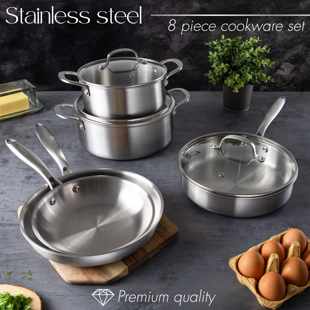 8Pcs Stainless Steel Cookware Set with Glass Lids – Induction Ready – By Nuovva