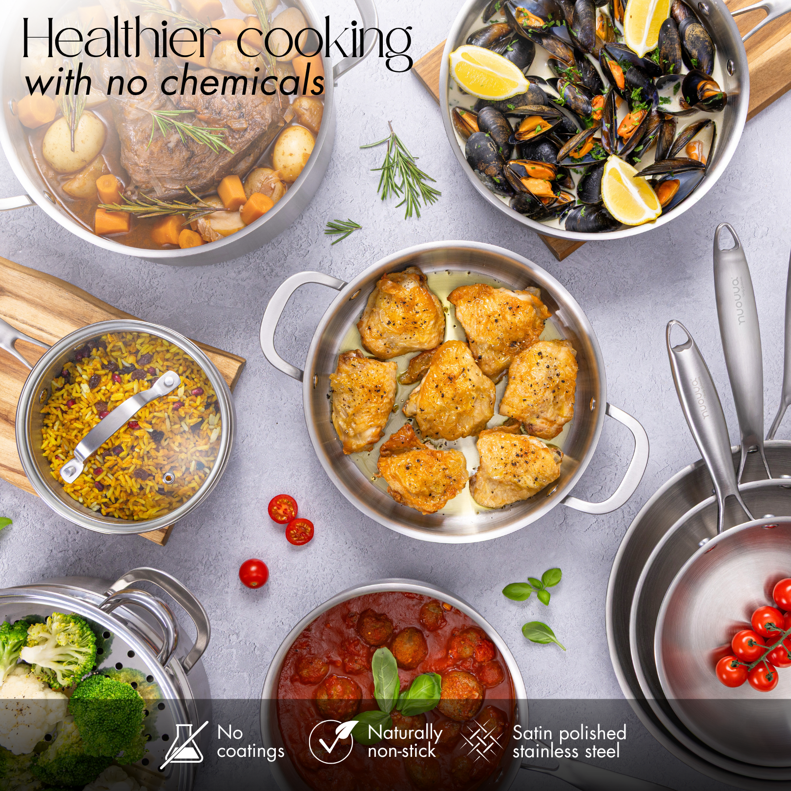 Stainless Steel Cookware Set of 17, 14, 8, 6, 5 with Lids – by Nuovva