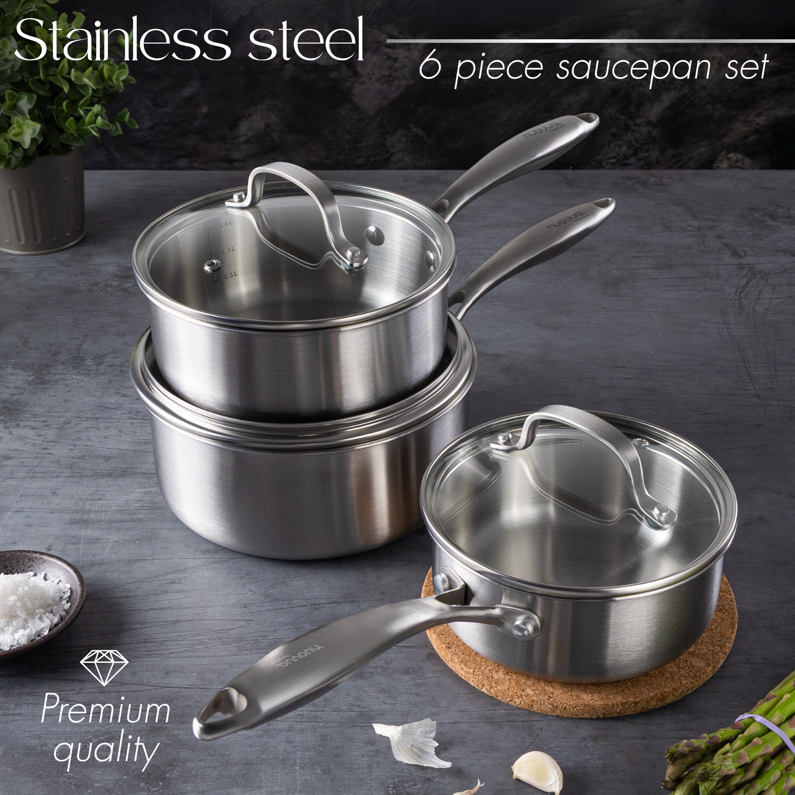 Stainless Steel Cookware Set of 17, 14, 8, 6, 5 with Lids – by Nuovva