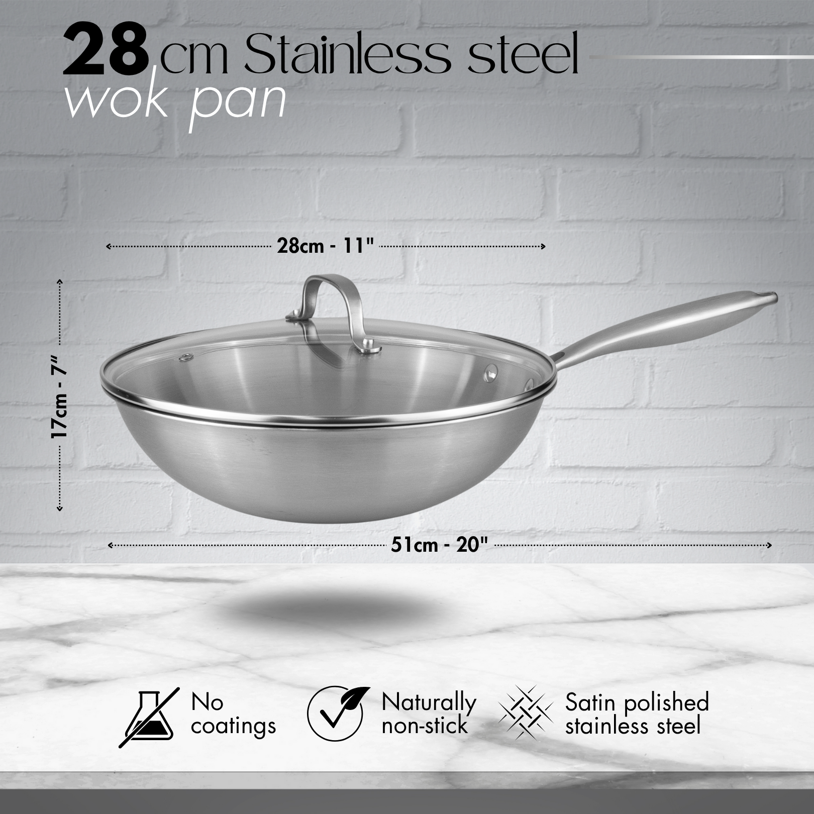 Stainless Steel Wok & Saute Pan 28cm with Glass Lids – Induction Safe - By Nuovva