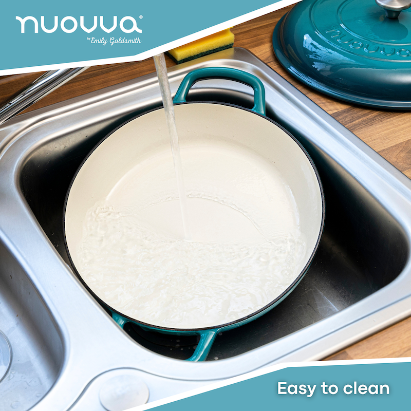 Teal Shallow Cast Iron Casserole Dish with Lid - 32cm - 3.5L, by Nuovva