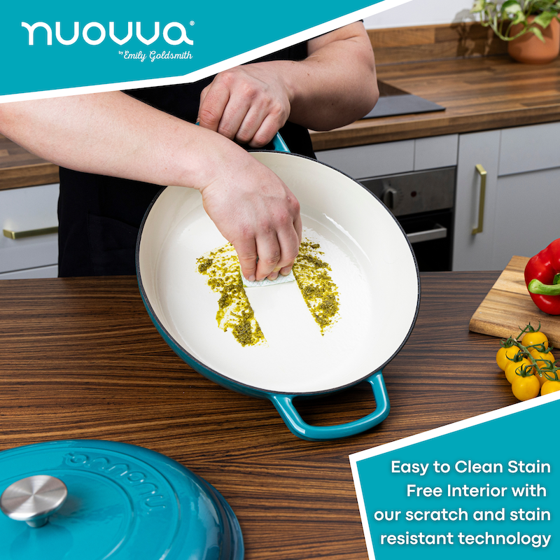 Shallow Cast Iron Casserole Dish with Lid - 32cm - 3.5L (Multiple Colours), by Nuovva
