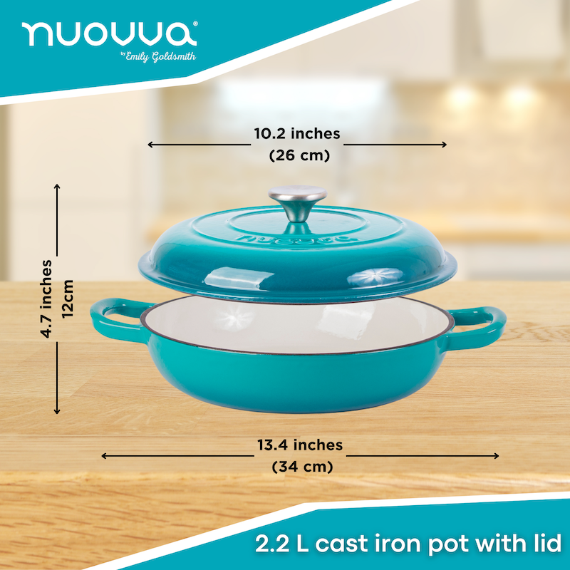 Teal Shallow Cast Iron Dutch Oven Casserole Pot - 2.2L - 26cm, by Nuovva