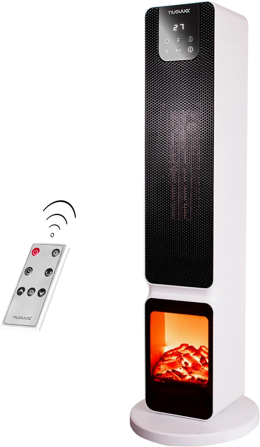 Ceramic Electric Tower Fan Heater with Fireplace Display