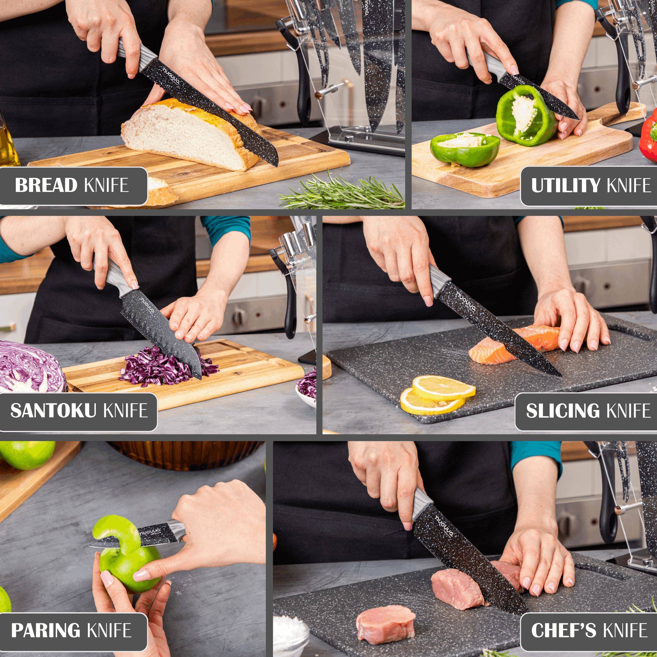 Professional Black Granite Kitchen Knife Set with Acrylic Block - 17 Pieces, by Nuovva