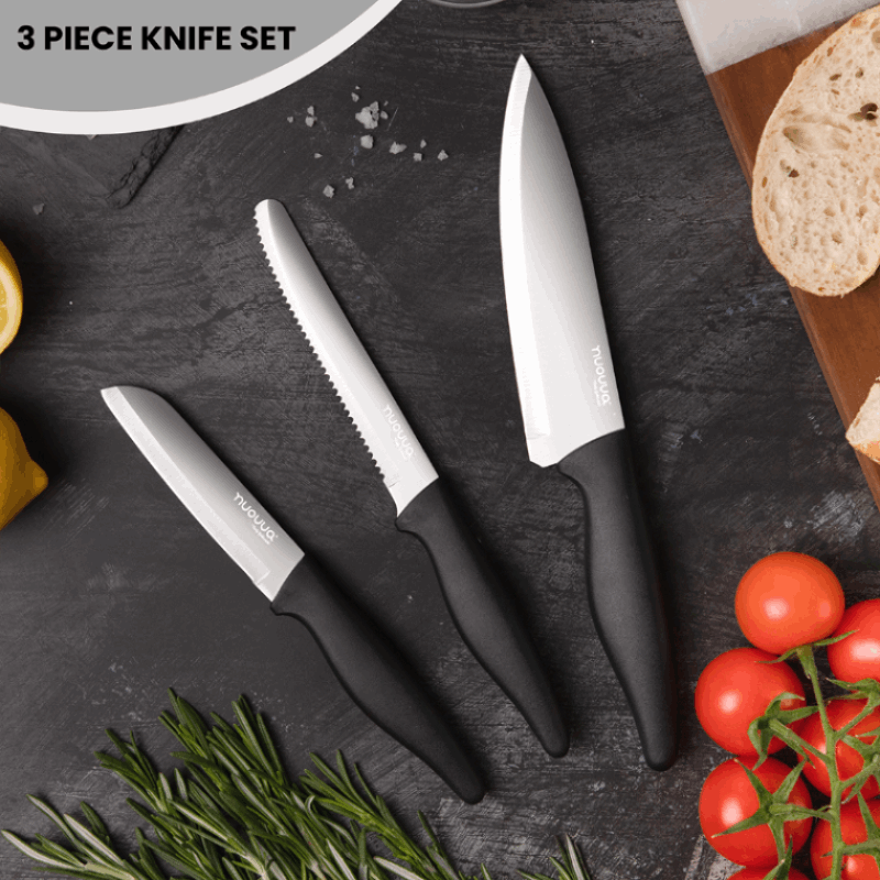 Black Kitchen Knife Set, Stainless Steel Non-Stick Blades - 3 pieces, by Nuovva