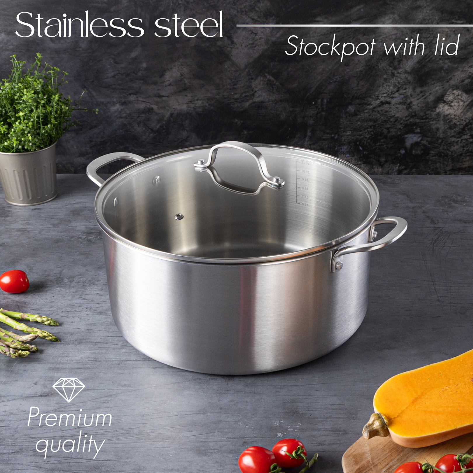 32cm Stainless Steel Stockpot with Glass Lid – Induction & Oven Safe ( 32cm 11.8L) – By Nuovva