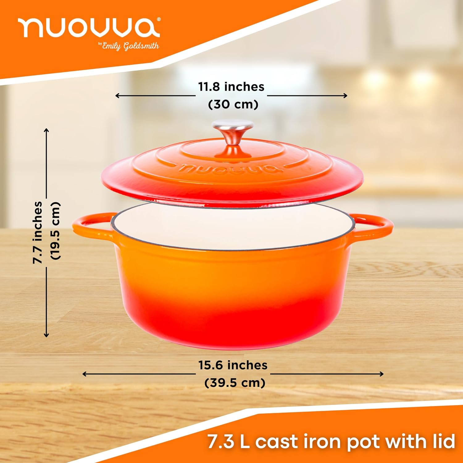 Orange Enemalled Cast Iron Dutch Oven, Casserole Pot - 30cm - 6.9L