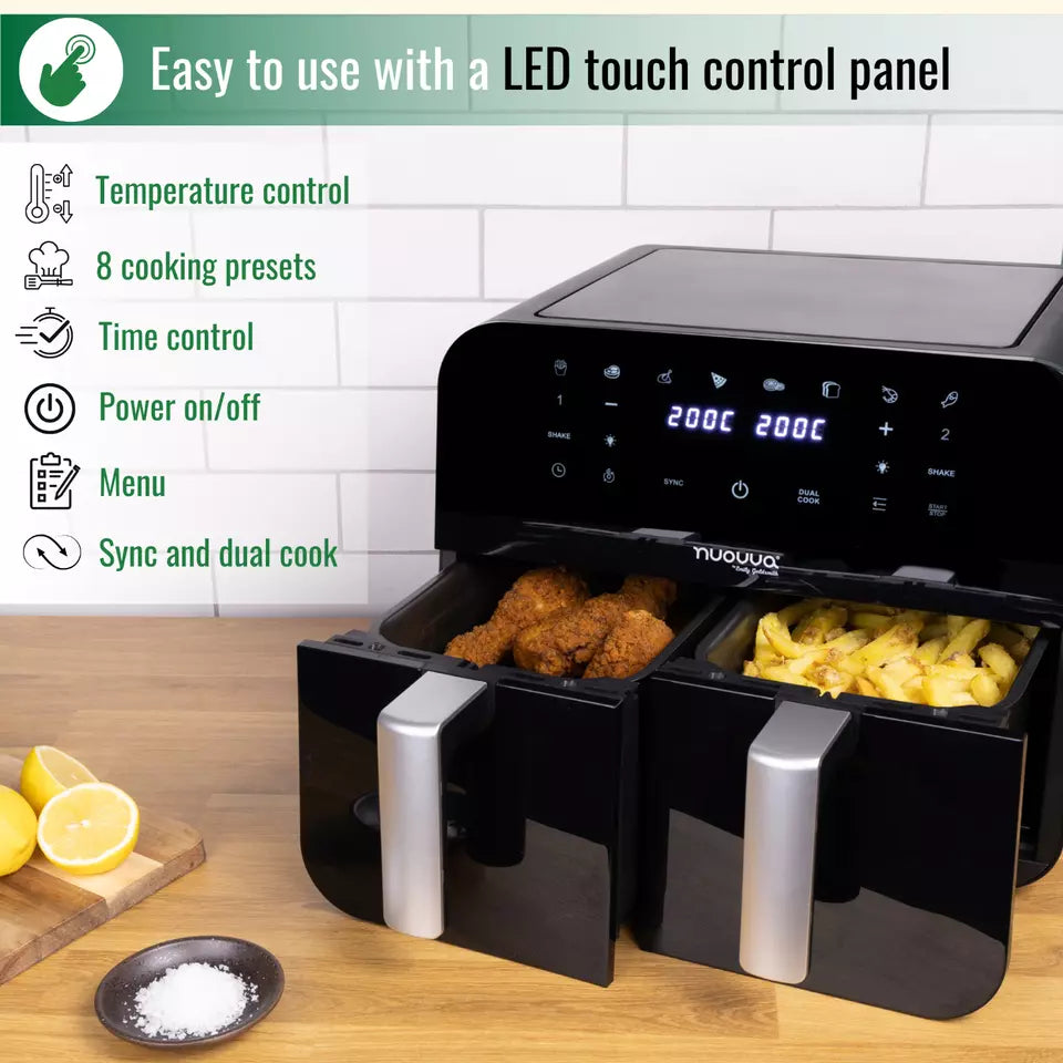 Dual Air Fryer Oven With 12 Presets – 9L, 2400W, by Nuovva